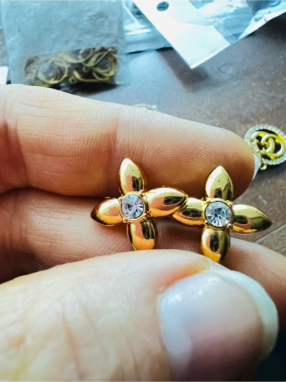 Gold Flower Crystal Stud Earrings - Shiny Gold Floral Posts small 0.6 inch